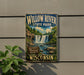 A vintage-style sign for Willow River State Park in Wisconsin, featuring a waterfall and lush greenery.