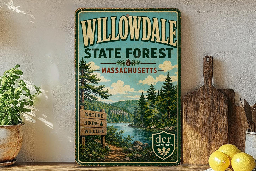 a vintage-style sign for Willowdale State Forest in Massachusetts, with a scenic illustration of a forest and a river. The sign is displayed on a shelf next to a wooden cutting board and a potted plant.