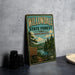 A vintage-style sign for the Willowdale State Forest in Massachusetts, featuring a scenic illustration of a forest and a river.
