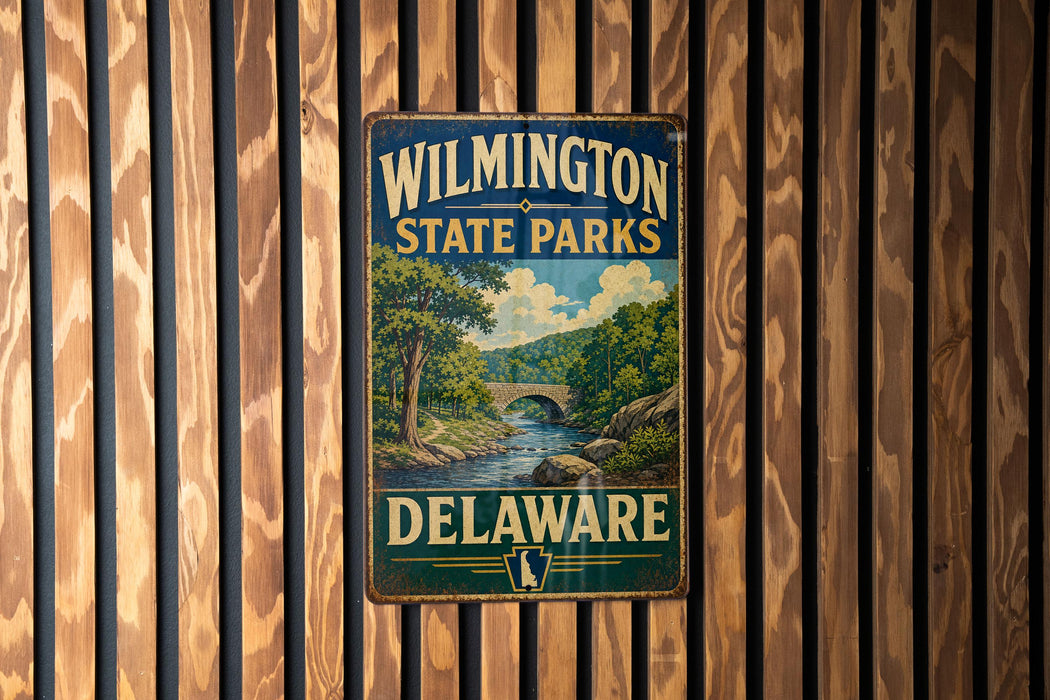 A vintage metal sign for Wilmington State Parks in Delaware, featuring a scenic landscape with a river and bridge.