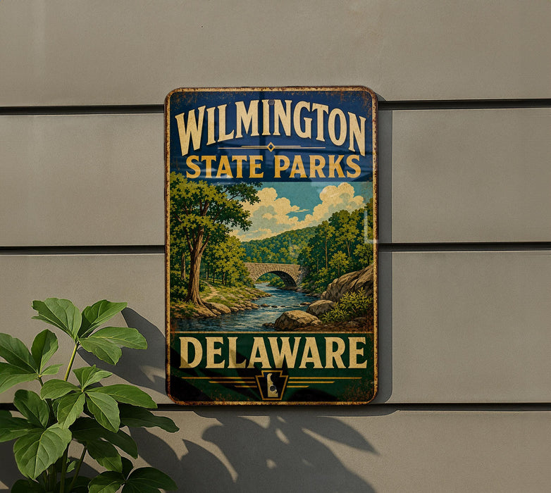A vintage metal sign for Wilmington State Parks in Delaware, featuring a scenic landscape with a river and bridge.