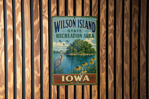A vintage-style metal sign for Wilson Island, Iowa, featuring a scenic landscape with a lake, a bird, and flowers.