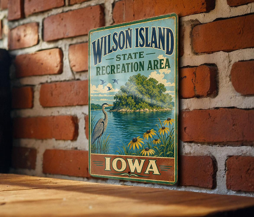 A vintage-style metal sign for Wilson Island, Iowa, featuring a scenic landscape with a lake, a bird, and flowers.