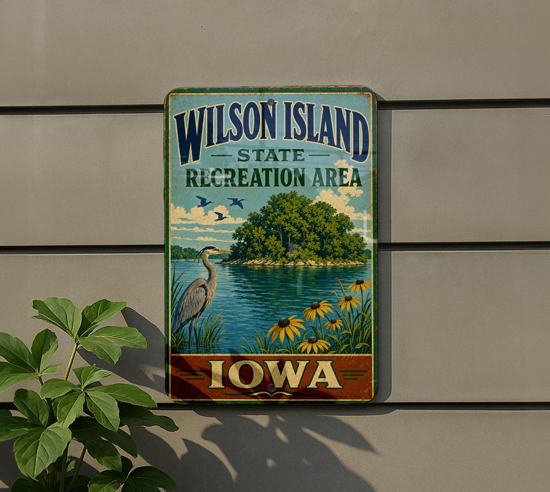 A vintage-style metal sign for Wilson Island, Iowa, featuring a scenic landscape with a lake, a bird, and flowers.