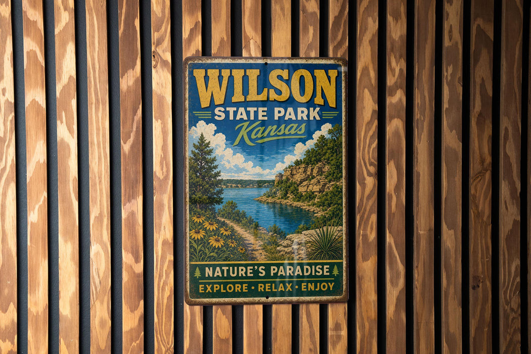 A vintage metal sign for Wilson State Park in Kansas, featuring a scenic landscape with a river, mountains, and trees.