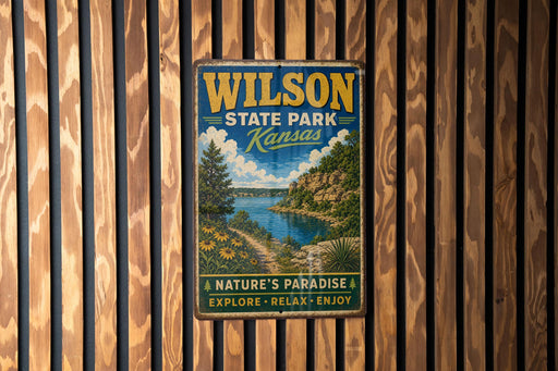 A vintage metal sign for Wilson State Park in Kansas, featuring a scenic landscape with a river, mountains, and trees.