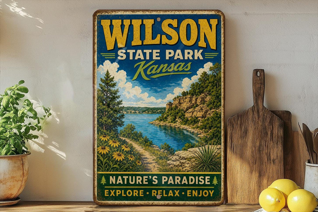 A vintage-style metal sign for Wilson State Park in Kansas, featuring a scenic landscape with a river, mountains, and a path leading through the greenery.