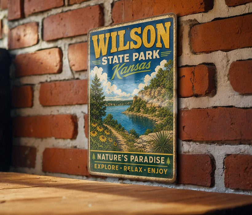 A vintage-style metal sign for Wilson State Park in Kansas, featuring a scenic landscape with a river and mountains.