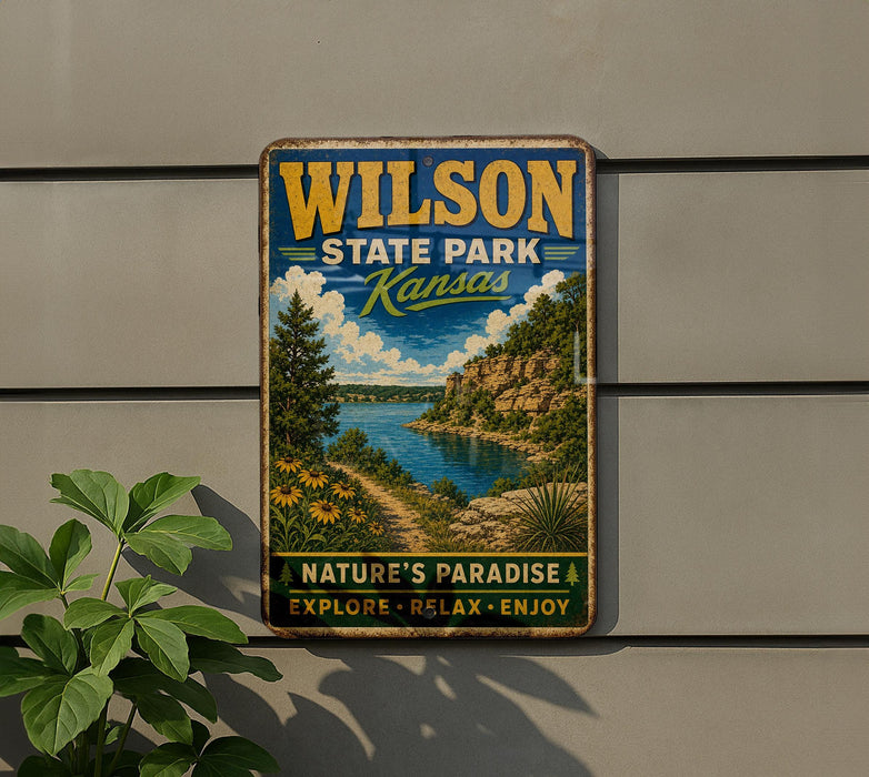 A vintage-style metal sign for Wilson State Park in Kansas, featuring a scenic landscape with a river, mountains, and a path leading through the natural setting.