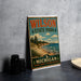 A vintage-style metal sign for Wilson State Park in Michigan, featuring a scenic landscape with a beach, mountains, and pine trees.