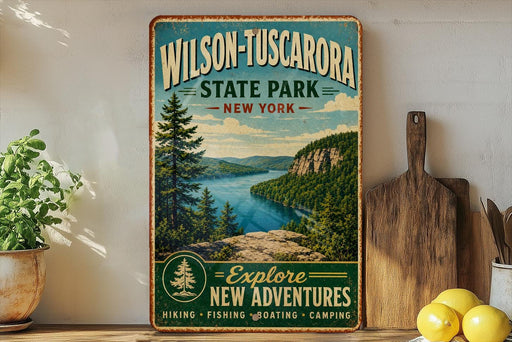 A vintage-style metal sign for Wilson-Tuscador State Park in New York, featuring a scenic landscape with a lake and mountains.
