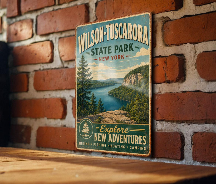 A vintage-style metal sign for Wilson-Tuscador State Park in New York, featuring a scenic landscape with a lake and mountains.
