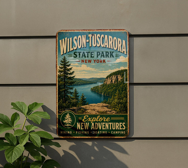 A vintage-style metal sign for Wilson-Tuscador State Park in New York, featuring a scenic landscape with a lake and mountains.