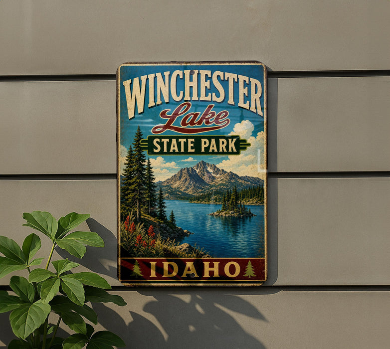 A vintage-style metal sign for Winchester Lake State Park in Idaho, featuring a scenic landscape with mountains, pine trees, and a lake.