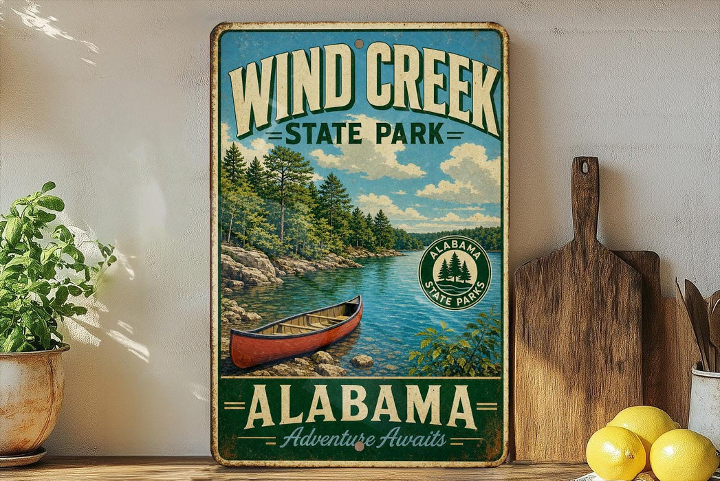A vintage-style metal sign for Wind Creek State Park in Alabama, featuring a scenic image of a canoe on a river surrounded by pine trees.