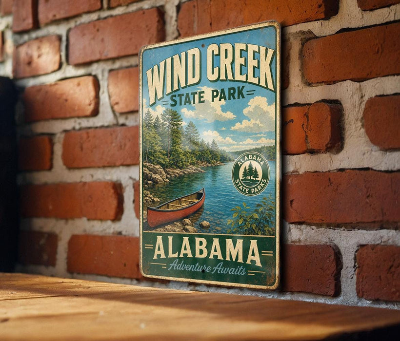 A vintage metal sign for Wind Creek State Park in Alabama, featuring a scenic image of a canoe on a lake surrounded by pine trees.