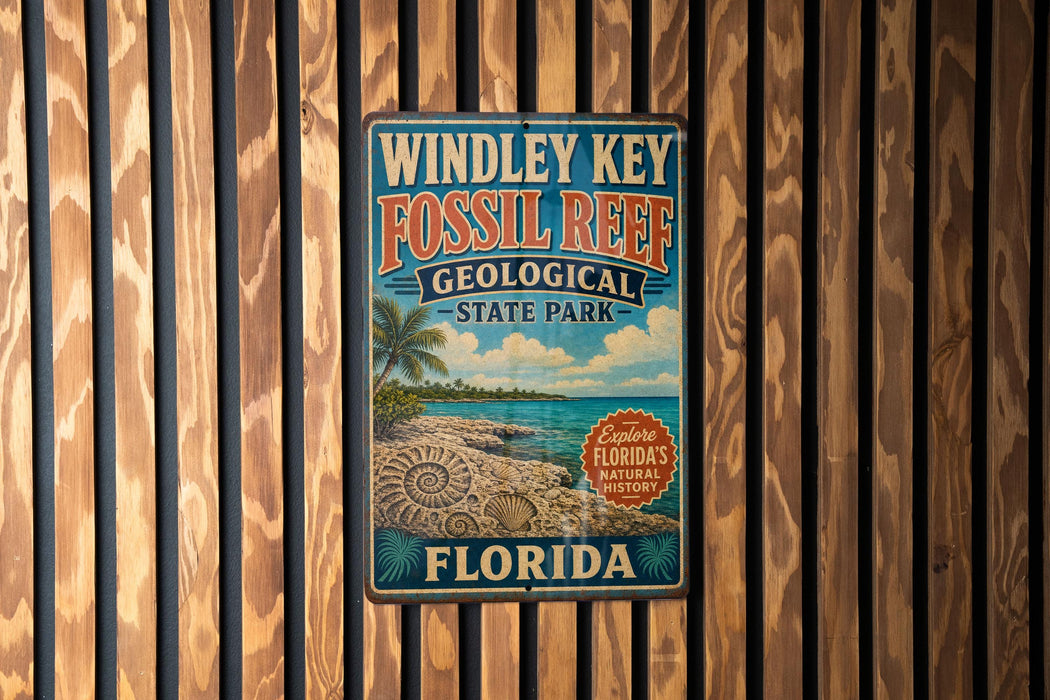 A vintage-style metal sign for Windley Key Fossil Reef, Florida State Park, featuring a beach scene and palm trees.