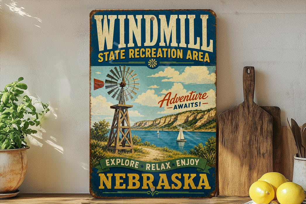A vintage-style metal sign for the Windmill State Recreation Area in Nebraska, featuring a windmill, sailboat, and scenic landscape.