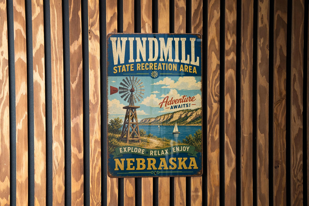 A vintage metal sign for Windmill State Recreation Area in Nebraska, featuring a windmill and a scenic landscape.