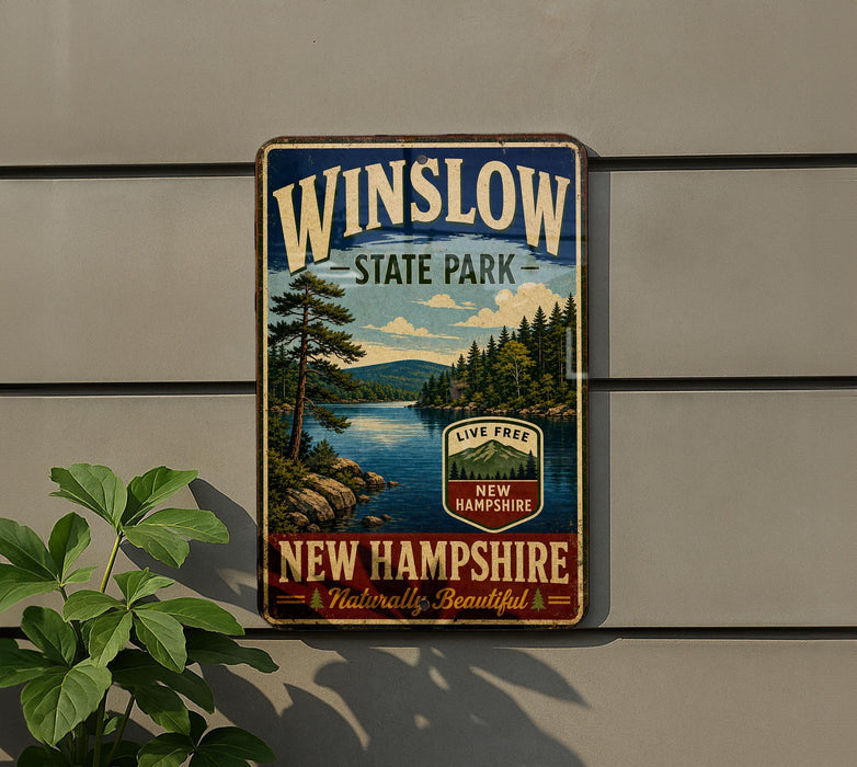 A vintage-style metal sign for Winslow State Park in New Hampshire, featuring a scenic landscape with pine trees, a lake, and mountains.