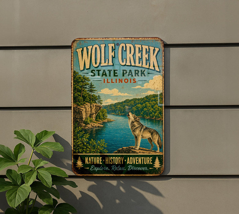 A vintage-style metal sign for Wolf Creek State Park in Illinois, featuring a wolf standing on a rock overlooking a river.
