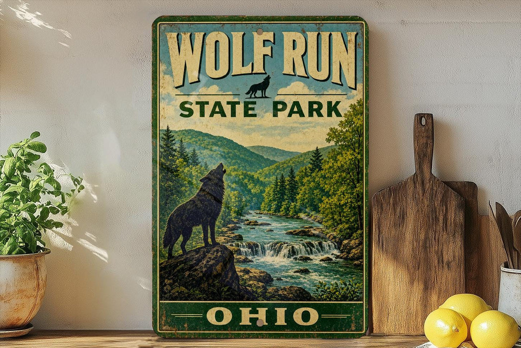 A vintage-style sign for Wolf Run State Park in Ohio, featuring a wolf silhouette and a scenic mountain landscape.