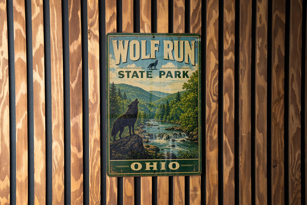 A vintage-style sign for Wolf Run State Park in Ohio, featuring a wolf silhouette and a scenic landscape.