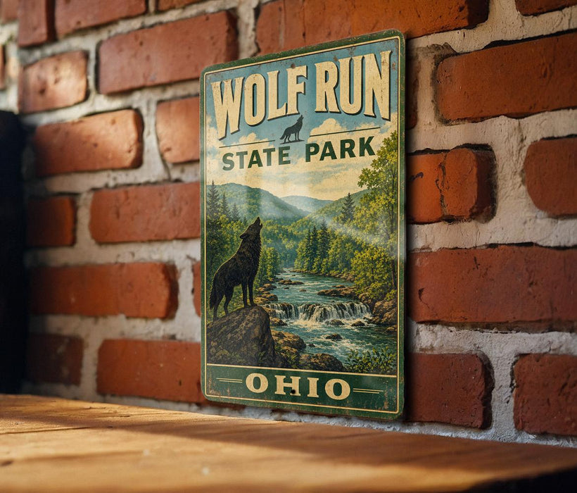 A vintage-style metal sign for Wolf Run State Park in Ohio, featuring a wolf howling at a waterfall in a forested landscape.
