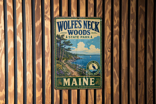 A vintage metal sign for Wolf's Neck Woods State Park in Maine, featuring a scenic landscape with pine trees, a lake, and a bird in flight.