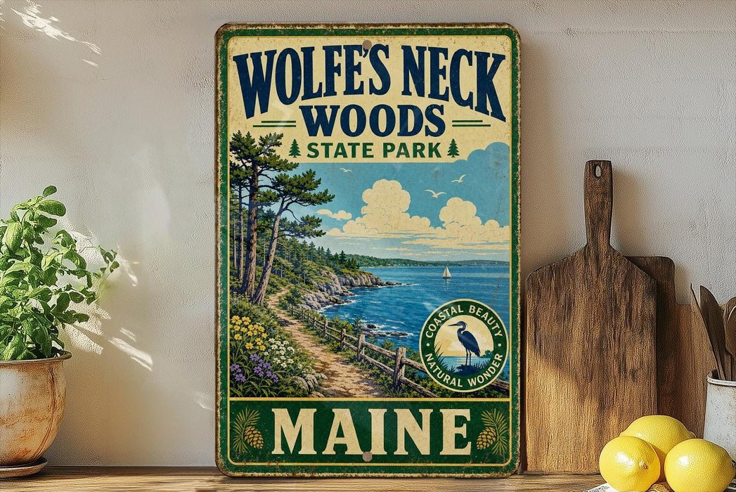 A vintage-style sign for Wolf's Neck Woods State Park in Maine, featuring a scenic illustration of a coastal landscape with pine trees, a winding path, and a body of water.