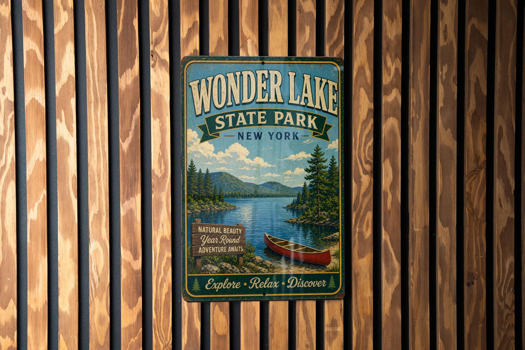A vintage-style metal sign for Wonder Lake State Park in New York, featuring a scenic illustration of the lake and surrounding landscape.