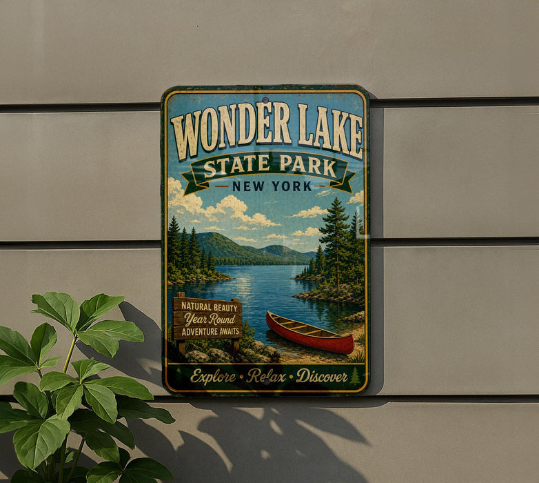 A vintage-style metal sign for Wonder Lake State Park in New York, featuring a scenic image of a lake, mountains, and a canoe.