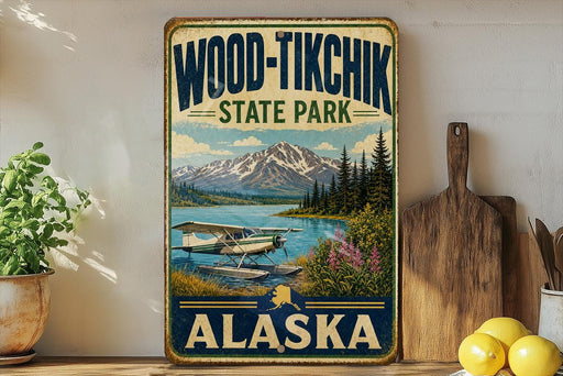 A vintage-style sign for Wood-Tikik State Park in Alaska, featuring a scenic image of a lake, mountains, and a seaplane.