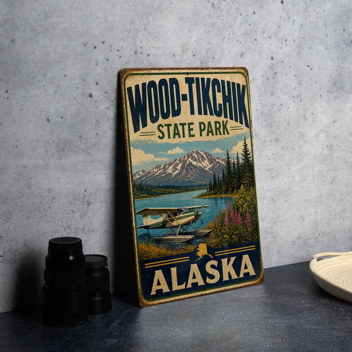 A vintage-style sign for Wood-Tikik State Park in Alaska, featuring a scenic landscape with a lake, mountains, and a plane.