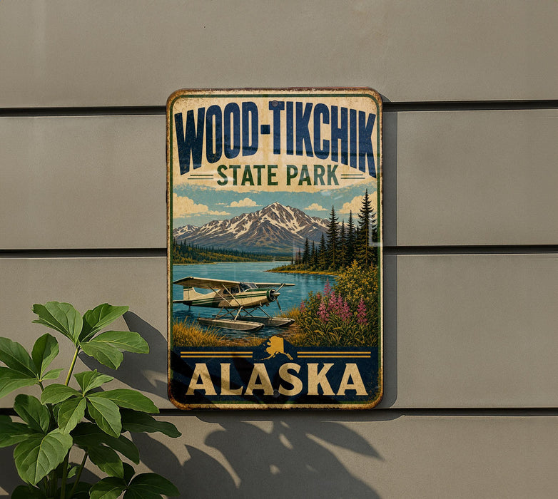 A vintage-style metal sign for Wood-Tikik State Park in Alaska, featuring a scenic landscape with mountains, a lake, and a plane.