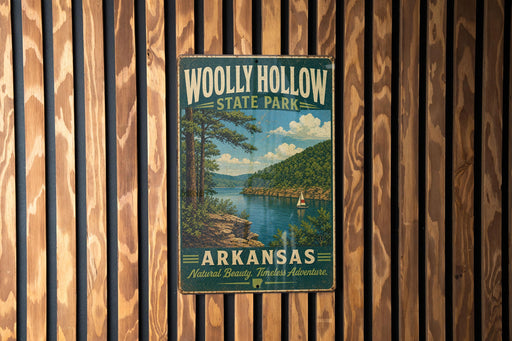 A vintage-style sign for Wolly Hollow State Park in Arkansas, featuring a scenic landscape with a lake, mountains, and a sailboat.
