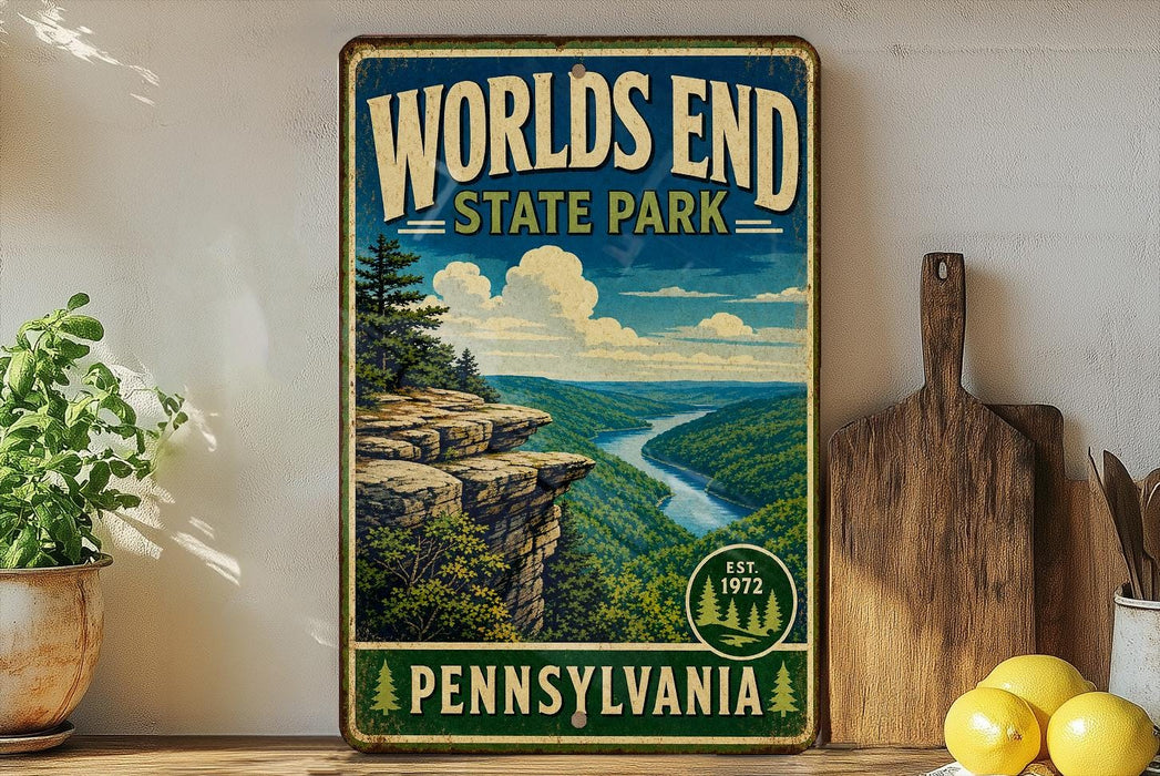 A vintage-style poster of Worlds End State Park in Pennsylvania, featuring a scenic mountain landscape with a winding river.