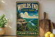 A vintage-style poster of Worlds End State Park in Pennsylvania, featuring a scenic mountain landscape with a winding river.