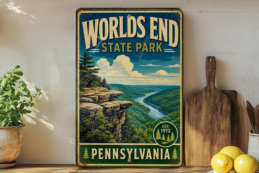 A vintage-style poster of Worlds End State Park in Pennsylvania, featuring a scenic mountain landscape with a winding river.