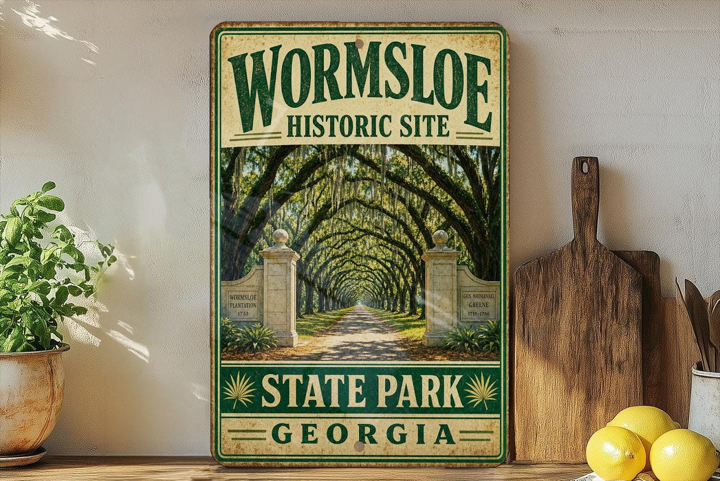 A vintage-style sign for Wormsloe Historic Site in State Park, Georgia, featuring a path lined with trees and a stone archway.