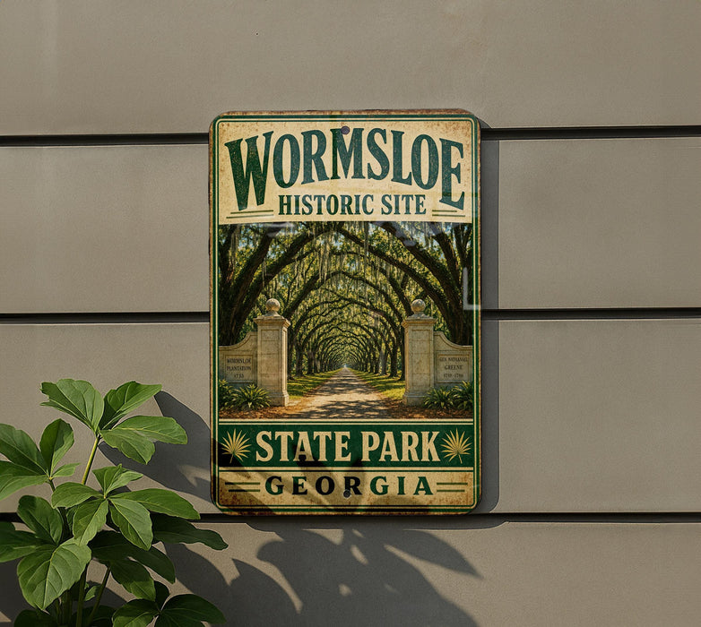 A metal sign on a wall that reads "Wormsloe Historic Site State Park Georgia".