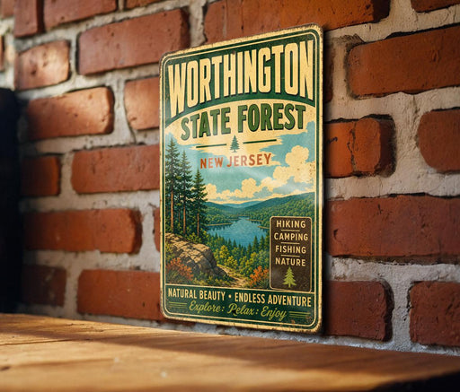 A vintage-style metal sign for Worthington State Forest in New Jersey, featuring a scenic landscape with pine trees, a lake, and mountains.