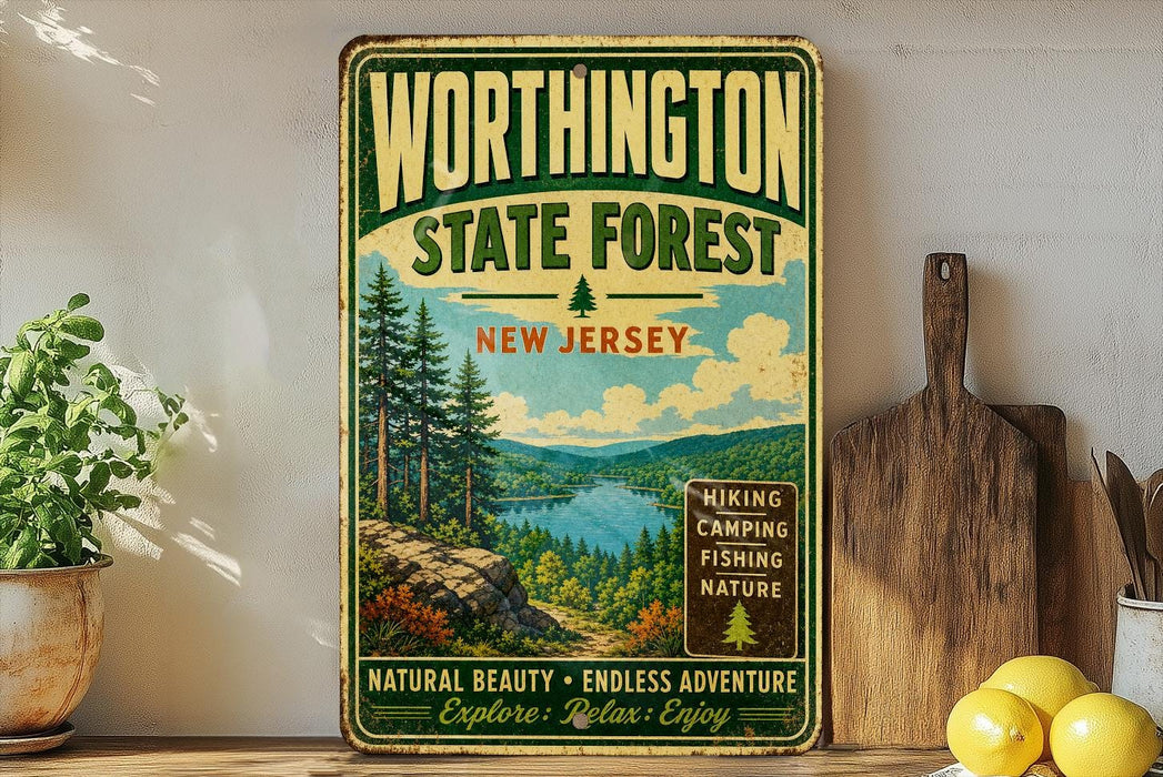 A vintage-style metal sign for WorthINGTON STATE FOREST, New Jersey, featuring a scenic landscape with pine trees, a river, and mountains.
