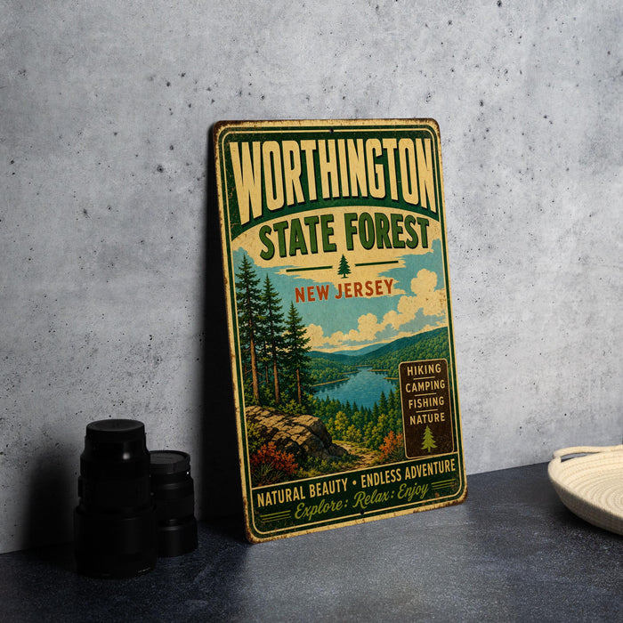A vintage metal sign for Worthington State Forest in New Jersey, featuring a scenic landscape with pine trees, a lake, and mountains.