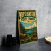 A vintage metal sign for Worthington State Forest in New Jersey, featuring a scenic landscape with pine trees, a lake, and mountains.