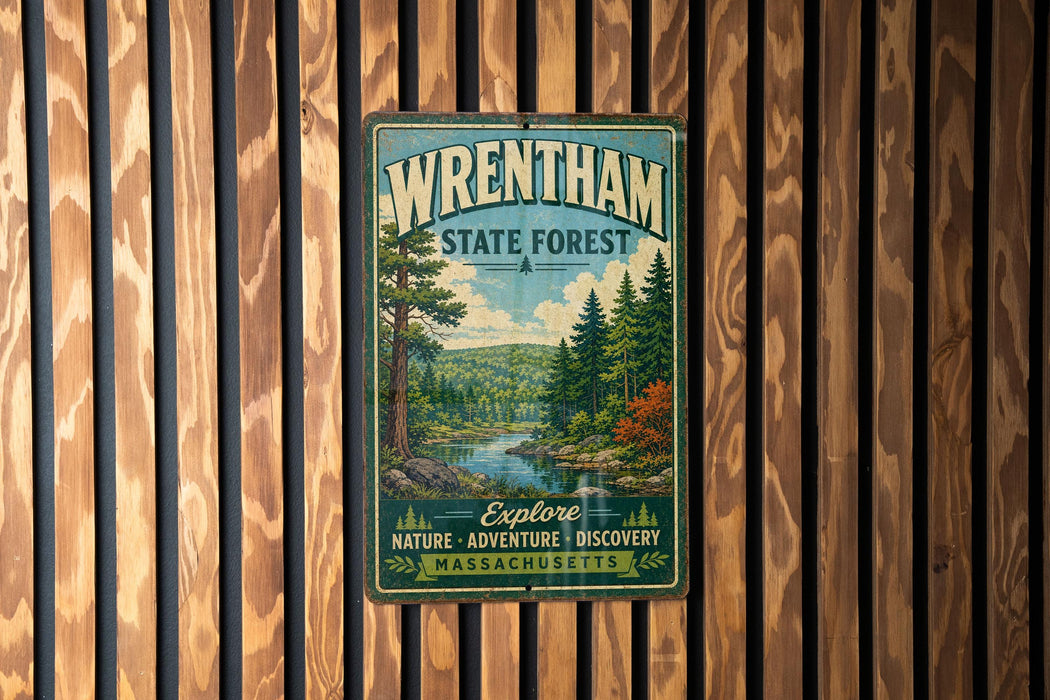 A vintage metal sign for Wrentham State Forest, featuring a scenic illustration of a forest landscape with a river and pine trees.