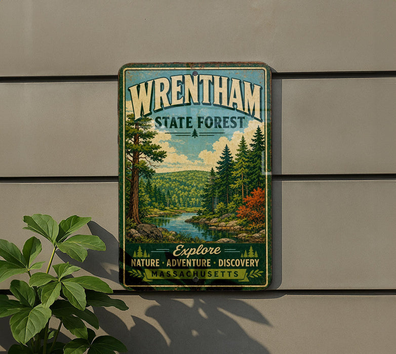 A vintage-style metal sign for Wrentham State Forest, featuring a scenic landscape with pine trees, a river, and mountains.