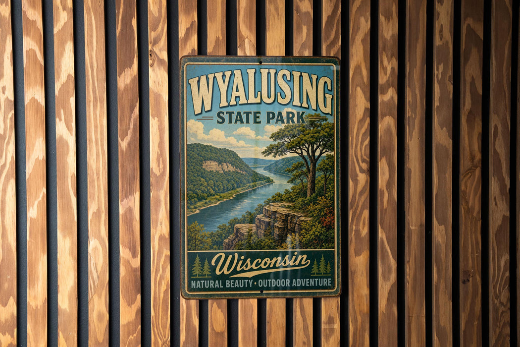 A vintage-style metal sign for Wyalusing State Park in Wisconsin, featuring a scenic landscape with a river and mountains.