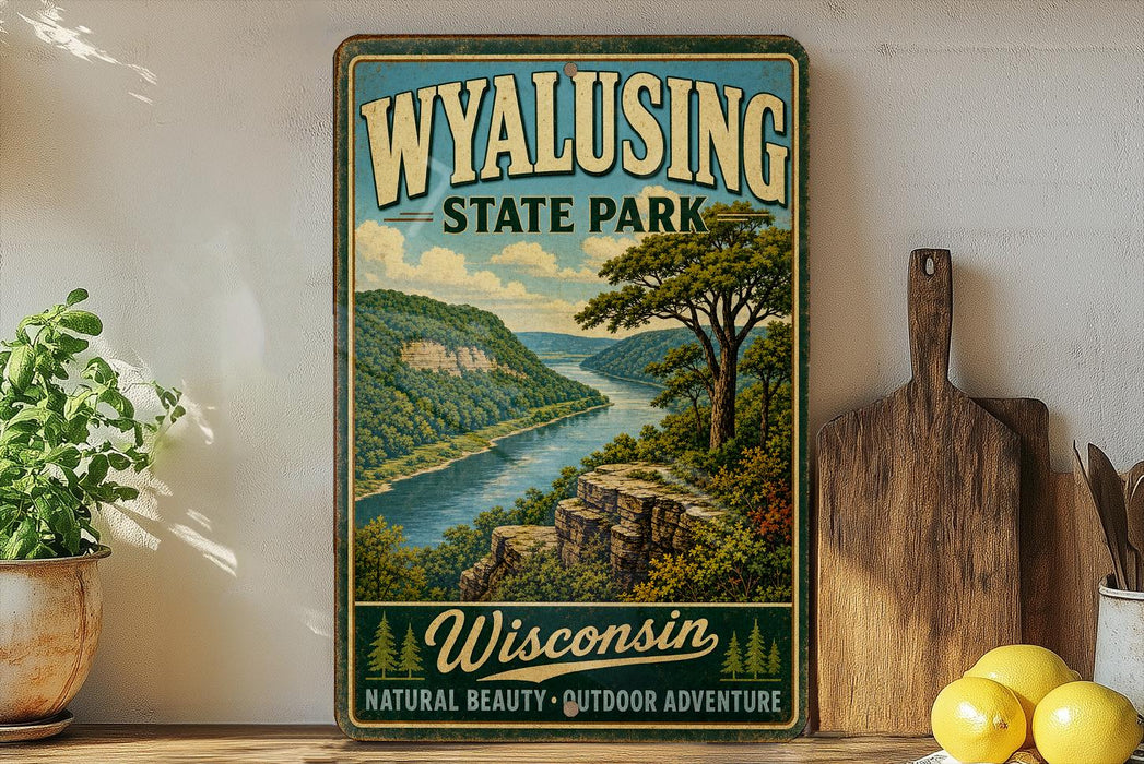 A vintage-style poster of Wyalusing State Park in Wisconsin, featuring a scenic landscape with a river and mountains, is displayed on a wall next to a wooden cutting board and some kitchen utensils.
