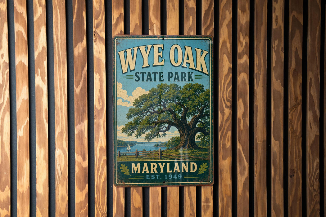 A vintage-style metal sign for WYE OAK STATE PARK in Maryland, featuring a large tree and a serene landscape.